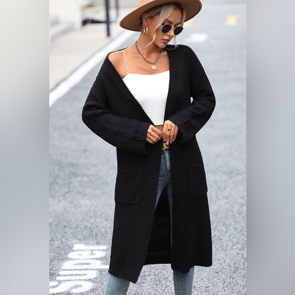 Dropped Shoulder Long Sleeve Cardigan with Pocket